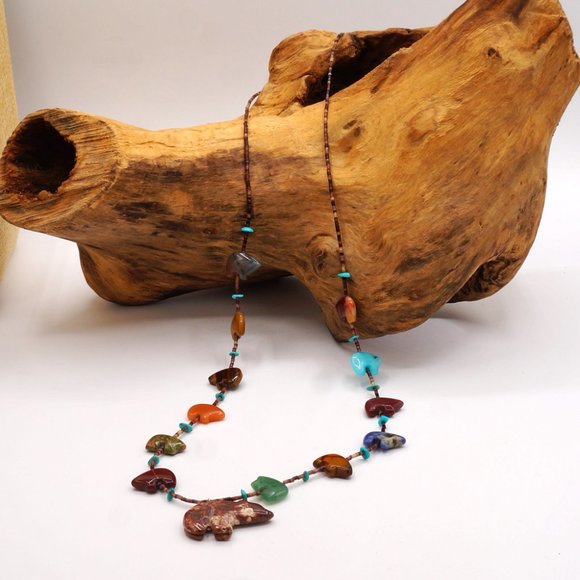 Vintage Southwest Native American Bear Fetish Multi Gemstone Necklace 30" - Picture 5 of 10